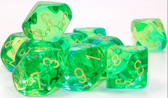 CHESSEX DICE 10D10 TRANSLUCENT GREEN TEAL YELLOW