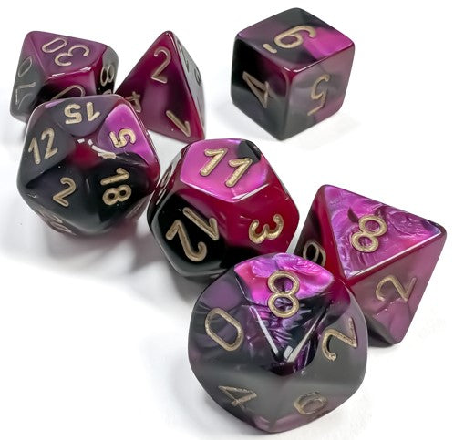 CHESSEX DICE 7PC GEMINI BLACK PURPLE GOLD