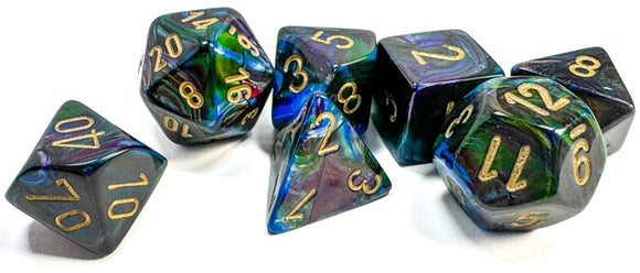 CHESSEX DICE 7PC LUSTROUS SHADOW GOLD BLUE GREEN