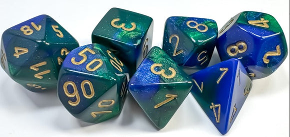 CHESSEX DICE 7PC GEMINI BLUE GREEN GOLD