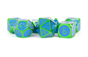 METAL 7 DICE SET GREEN W/BLUE ENAMEL 16MM